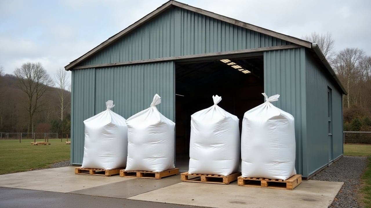 Big bags blancs filmés sur palettes devant un hangar, prêts pour la filière agréée