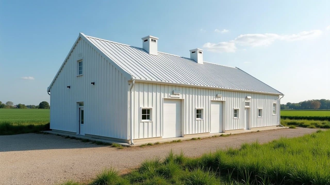 Hangar agricole de Haute-Vienne avec toiture neuve posée sous un ciel clair, exploitation en activité.